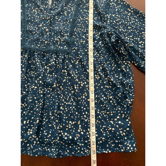 LOFT Blue Confetti Dot Long Sleeve Split Neck Smocked Casual Blouse Size XL - Picture 8 of 12